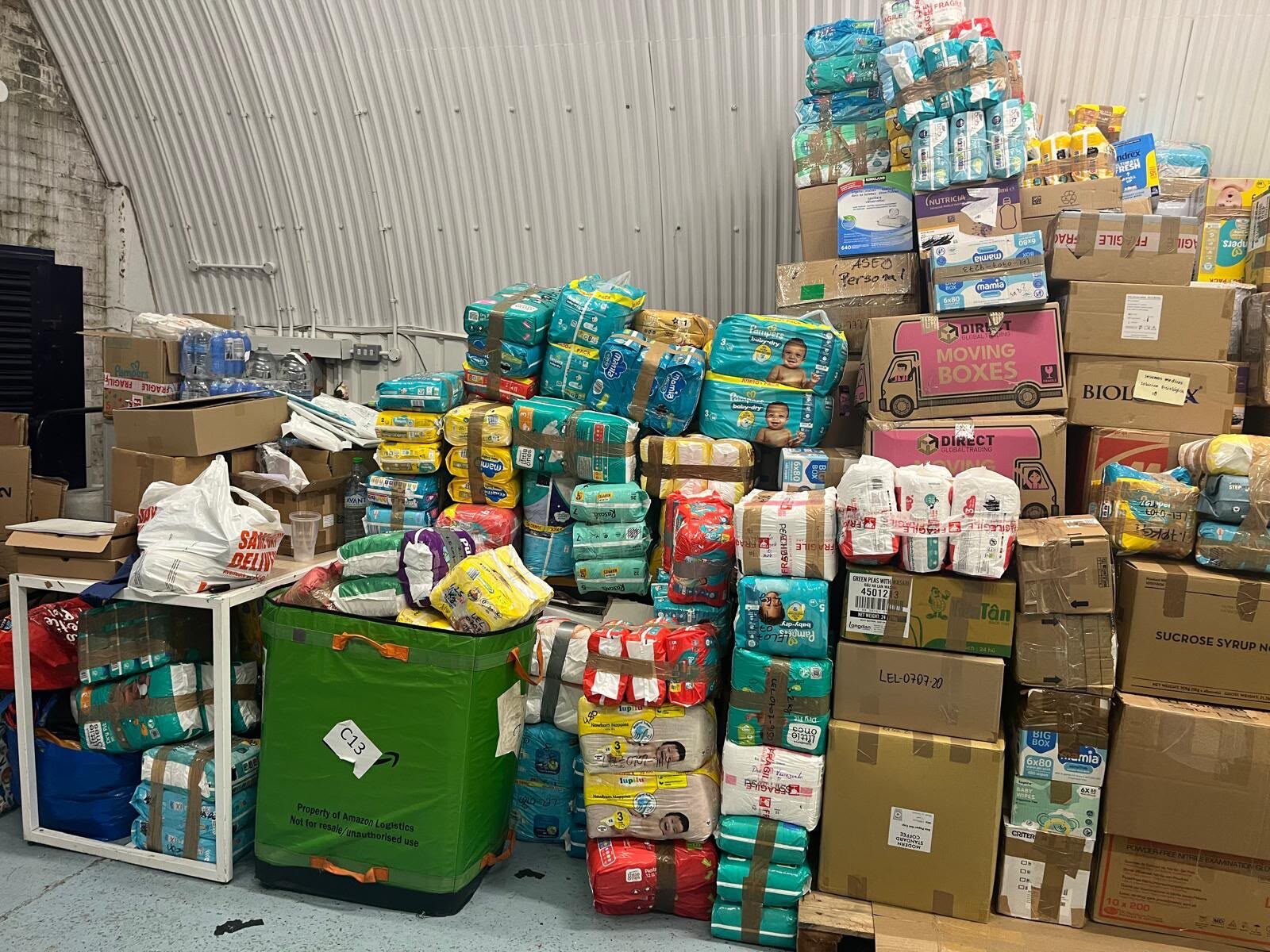 Aid collected so far, held in our London warehouse.